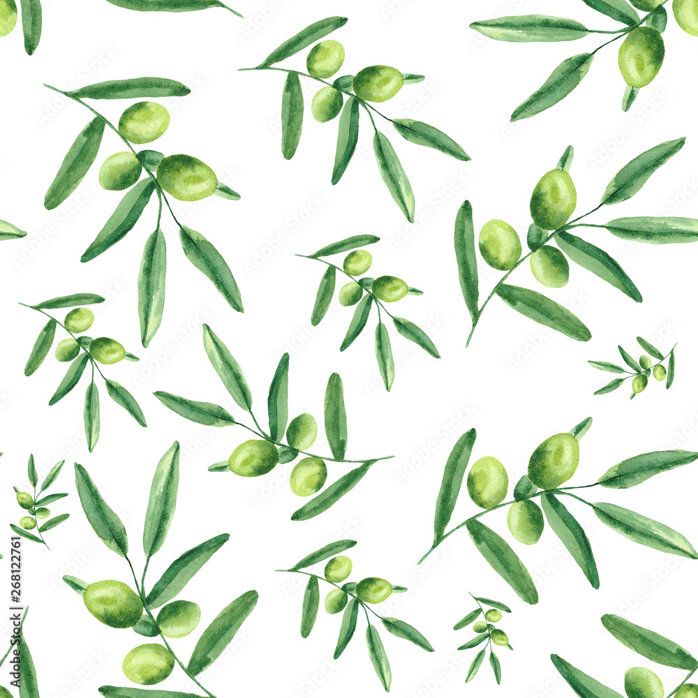Naklejka premium Watercolor pattern with olives, olive branches, a bottle of olive oil.
