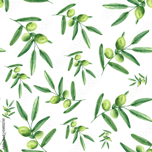  Watercolor pattern with olives, olive branches, a bottle of olive oil.