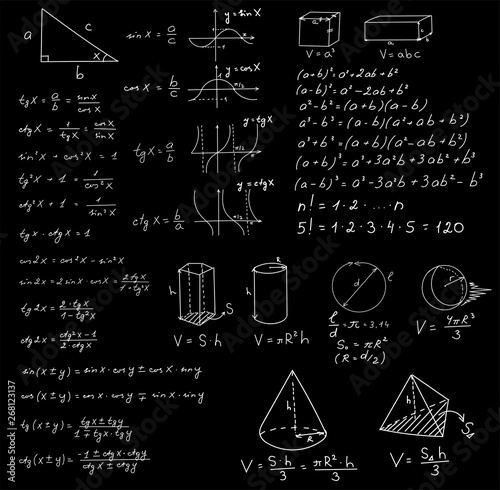 Blackboard mathematical vector pattern with geometrical figures and formulas, used for school education and document decoration. Isolated, you can use any color of background.
