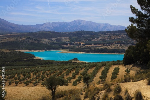 View on rural valley with olive groves  crop fields and isolated blue artificial lake Bermejales with mountain range in horizon - Andalusia  Spain