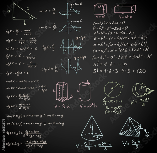 Chalkboard mathematical vector pattern with geometrical figures and formulas, used for school education and document decoration. Isolated, you can use any color of background.