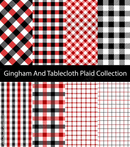 Collection of Black and Red Gingham / Tablecloth patterns. Seamless checkered and square texture backgrounds.