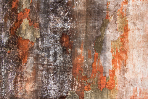 old white gray damaged concrete wall with scratches and black orange shabby paint. rough surface texture
