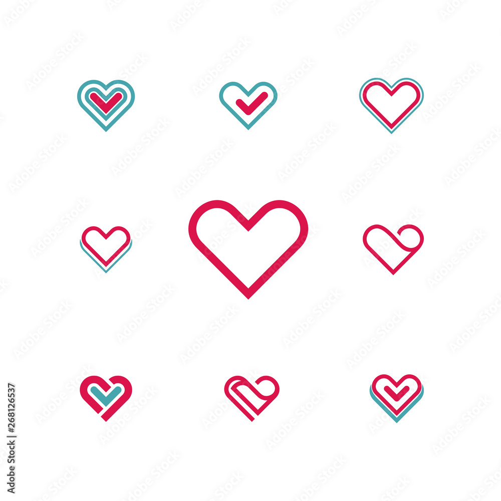 Outline stylized heart on dark background. Set of nine vector models. Vector illustration on the theme of love and romance relationship. Flat design Outline stylized heart on dark background. Set of nine vector models. Vector illustration on the theme of love and romance relationship. Flat design