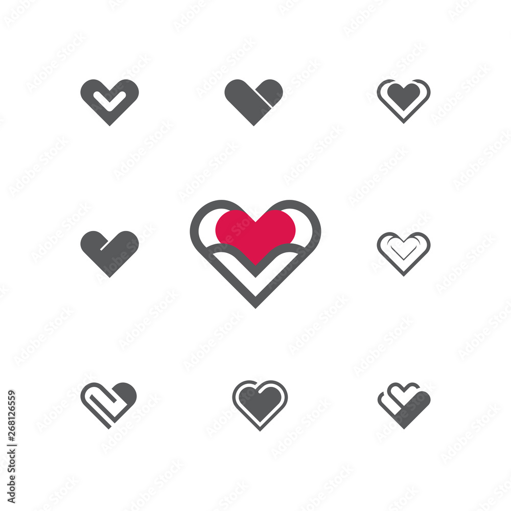 Outline stylized heart on dark background. Set of nine vector models. Vector illustration on the theme of love and romance relationship. Flat design Outline stylized heart on dark background. Set of nine vector models. Vector illustration on the theme of love and romance relationship. Flat design