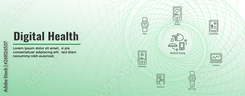 Digital Health Icon Set with Wearable Technology Web Header Banner