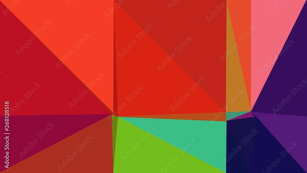 Abstract color triangles geometric background with firebrick, very dark violet and moderate green colors for poster, cards, wallpaper or texture