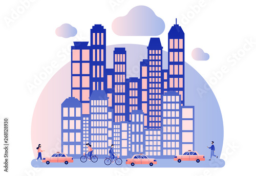 Taxi service. Background the city with skyscrapers. Flat cartoon style. Vector illustration