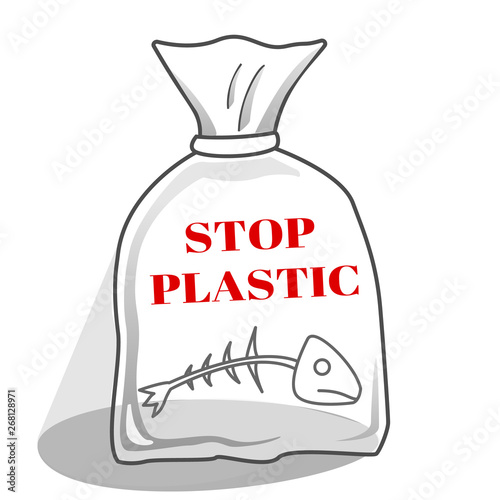 Stop ocean plastic pollution. Ecological poster. Polyethylene pack with dead fish in the middle