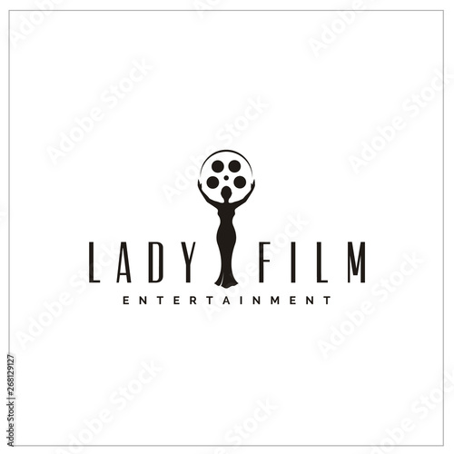 Beauty Woman with Film Reel for Video Production Studio Logo or Statue Trophy Cinema Movie Awards
