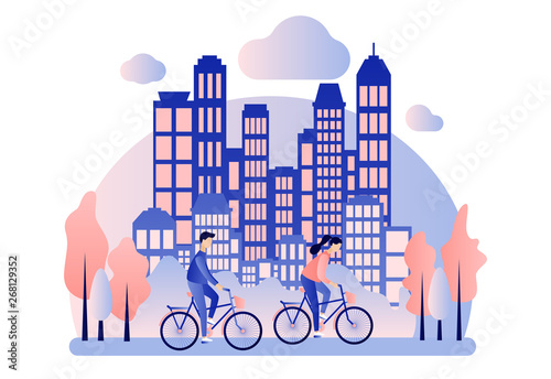Bike rental. Background the city with skyscrapers. Flat cartoon style. Vector illustration