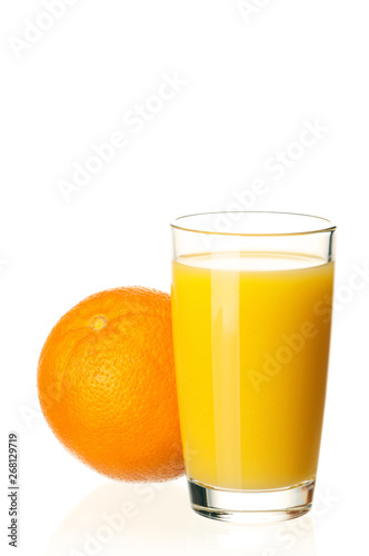 Glass of fresh orange juice and orange fruits on white background