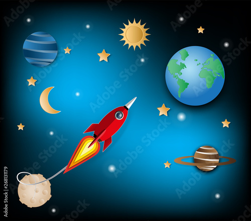Paper art style of rocket flying over the sky, flat-style vector illustration. start up concept,