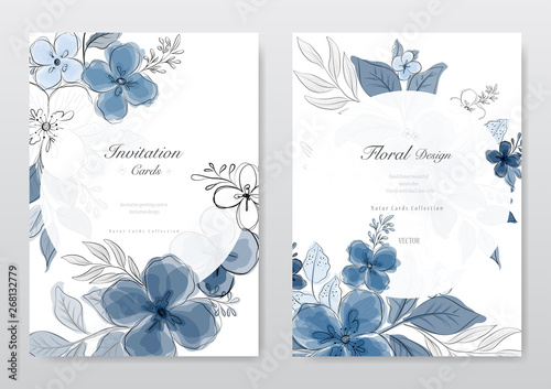 Set of beautiful blue watercolor florals card