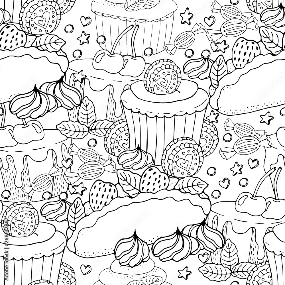 Seamless pattern with cake, cupcake, candy and other dessert with berry Seamless pattern with cake, cupcake, candy and other dessert with berry