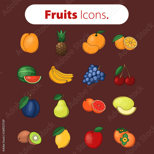 Fototapeta Naklejka Na Ścianę i Meble -  Set of fruits icons. Vector illustration. Colored icon.