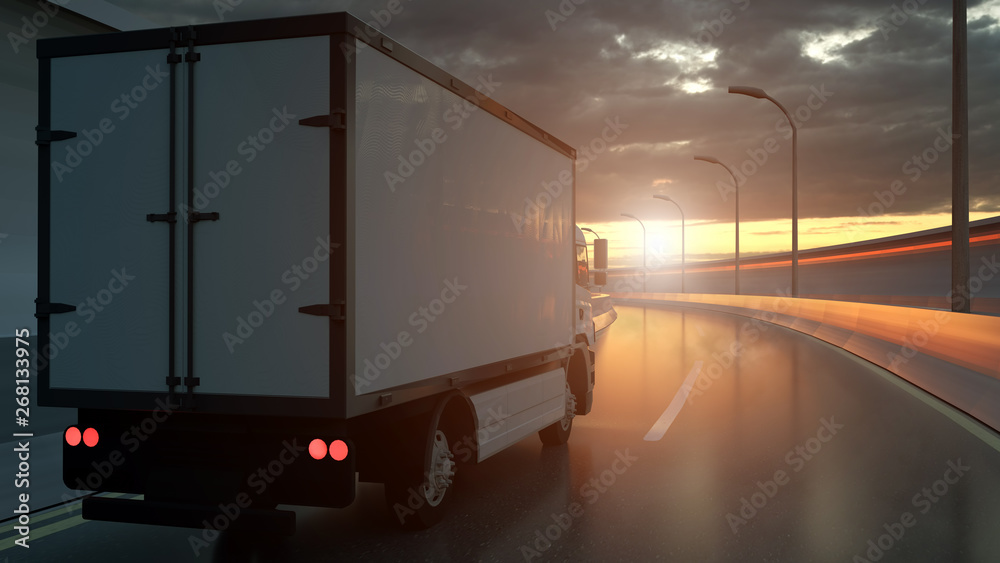 Delivery Truck driving on a highway at sunset backlit by a bright orange sunburst under an ominous cloudy sky. 3d Rendering