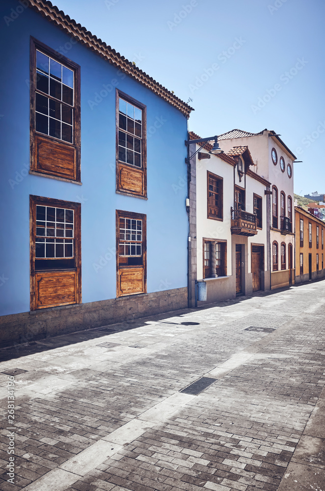 Street in San Cristobal de La Laguna (known as La Laguna), its historical center was declared a World Heritage Site by UNESCO in 1999, color toned picture, Tenerife, Spain.
