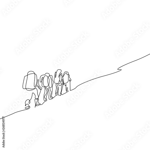 Continuous one line drawing group of four people hiking