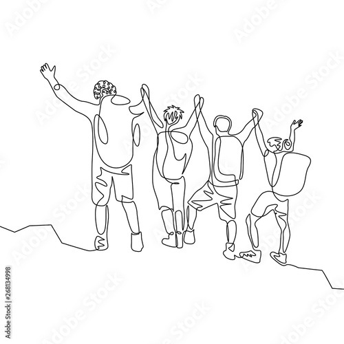 Continuous one line group of travelers with hikings backpacks reach the . Teamwork concept