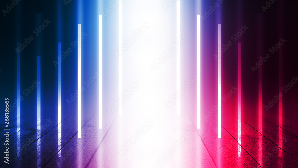 Empty background scene. Dark room, neon blue and pink figures in the dark, smoke. Abstract dark background. Empty background scene. Dark room, neon blue and pink figures in the dark, smoke. Abstract dark background.
