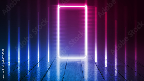 Background of an empty disco scene. Neon square figure in the center of the scene. Neon light smoke. Dark abstract futuristic background