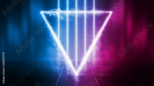 Background of an empty disco scene. Neon figure of a fractal triangle in the center of the scene. Neon light smoke. Dark abstract futuristic background