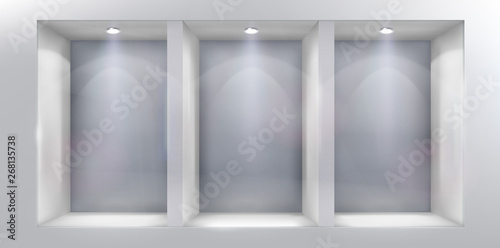 The shelves in shop window. Place for the exhibition. Vector illustration.