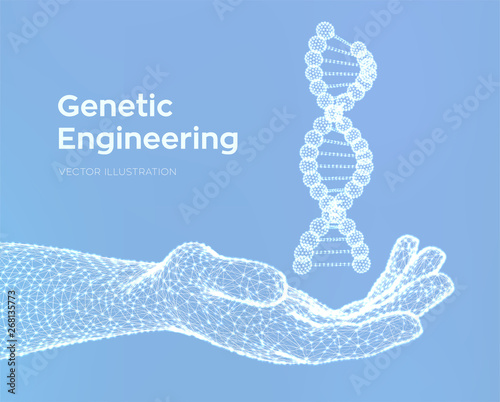 DNA sequence in hand. Wireframe DNA molecules structure mesh. DNA code editable template. Science and Technology concept. Vector illustration.