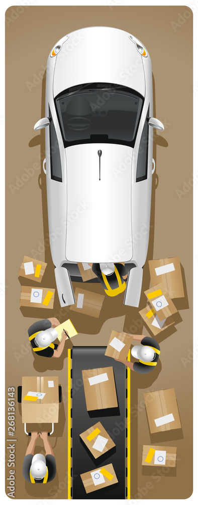 The united team of employees of the delivery service makes loading and ...