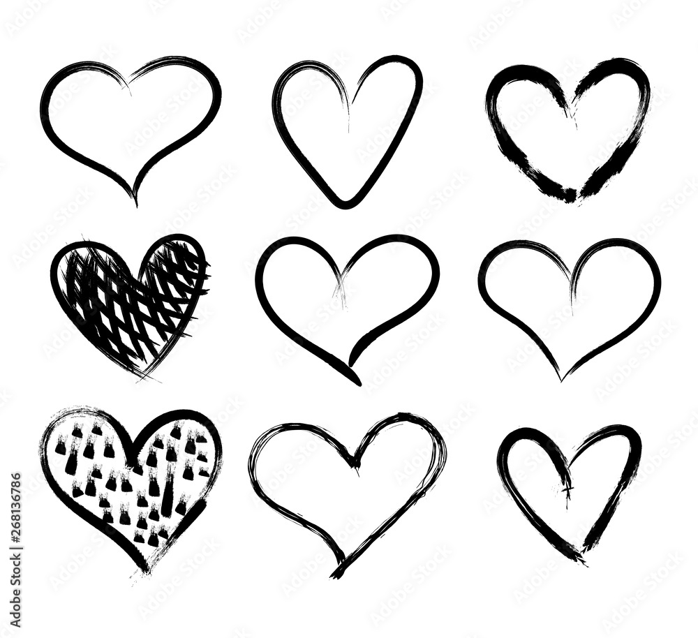 Vector Doodle Hand Drawn Hearts Set, Black Marker Drawings Isolated on White Background, Rough Sketches.