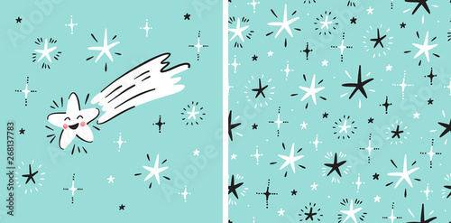Stars Vector Seamless Pattern and T-shirt Print Design for Kids with Little Cute Falling Star. Cartoon Comet, Shooting Stars Scandinavian Poster for Birthday, Baby Shower or Nursery Design