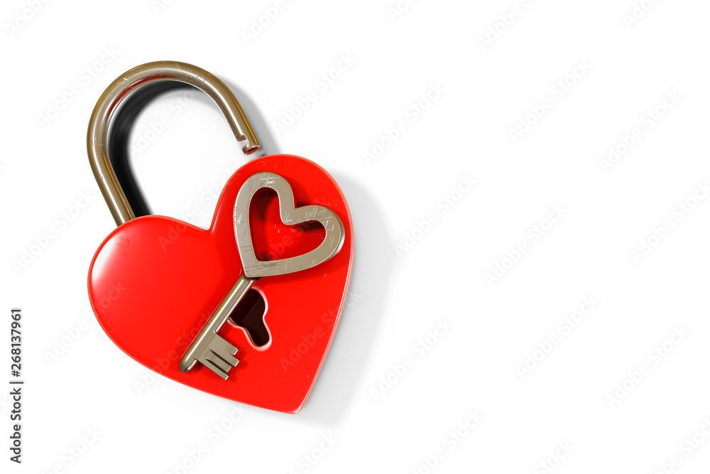 3d rendering of red heart-shaped padlock with key, isolated on white background with clipping paths.