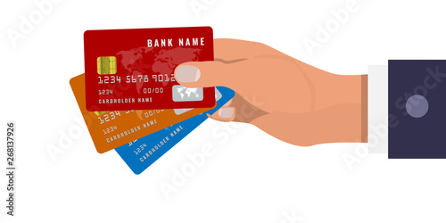 Hand holds three credit cards in three different colors. Red, orange and blue colors. Vector illustration.