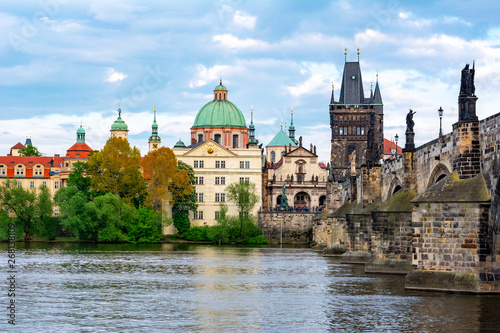 Prague medieval architecture and Charles bridge over Vltava river, Czech Republic