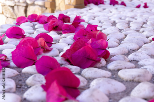 Photography close up of pink and magenta flowers lieying on a pebble surface after wedding