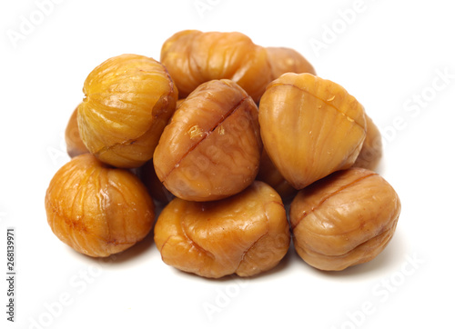 chinese food, peeled roasted chestnut on white background