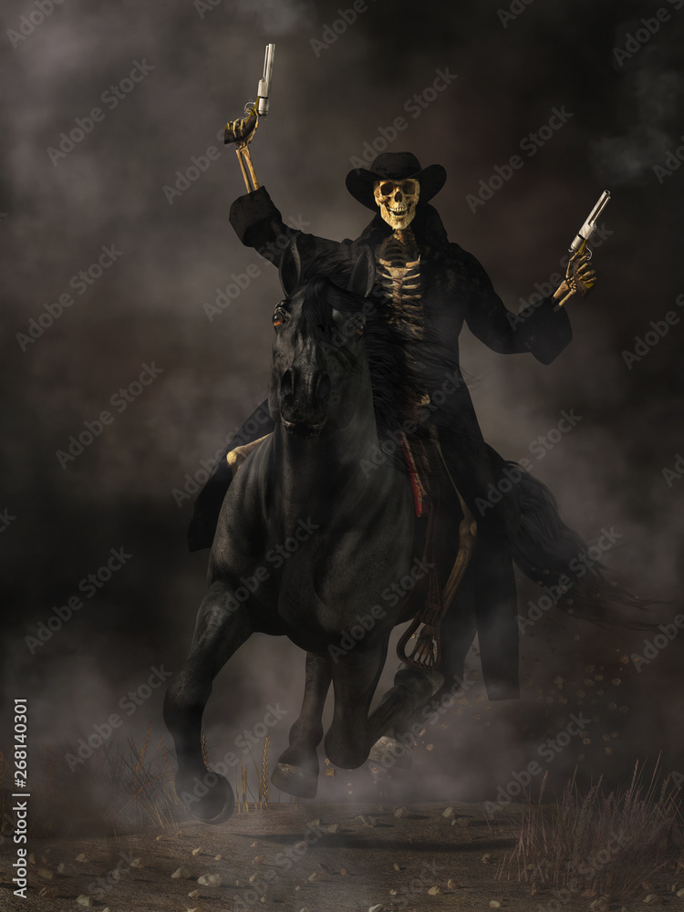 Obraz premium Out of the mists rides a vision of fear and terror. A skeleton gunslinger rides a galloping black horse. The frightening specter wears all black and brandishes smoking pistols. 3D Rendering