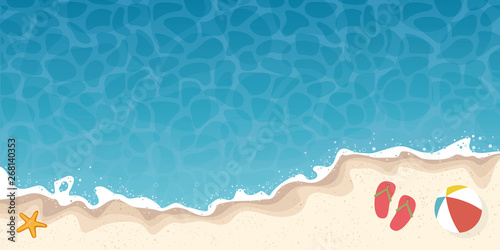 summer beach and ocean background banner with starfish and flip-flops vector illustration