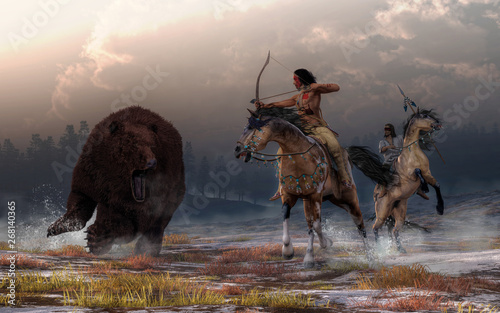 Two Native American warriors on the backs of mustangs encounter a massive brown bear on a snowy field under cloud filled evening skies. The lead hunter draws back his bow and takes aim. 3D Rendering