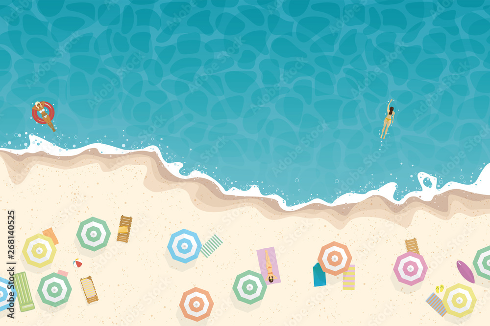 summer beach and ocean scene top view detailed flat vector illustration