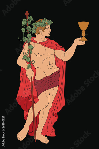 The ancient Greek god Dionysus with a glass and a rod. Vector image isolated on black background.