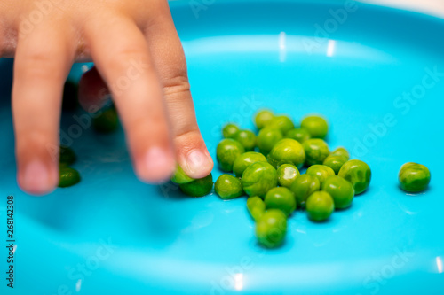 Young child's hands picking up, playing with and eating peas at dinner time from a blue plate