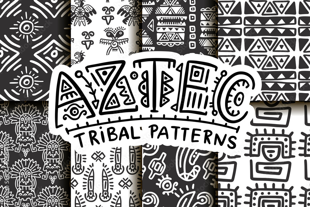 Seamless aztec vector pattern set. Tribal traditional indian fabric design collection. Folk vintage illustration. - obrazy, fototapety, plakaty 