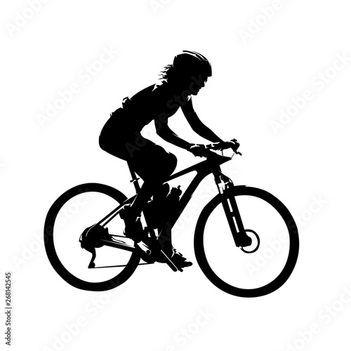Woman riding mountain bike, mtb cycling. Isolated vector silhouette, side view