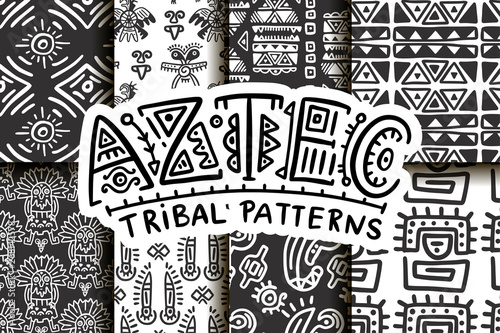Seamless aztec vector pattern set. Tribal traditional indian fabric design collection. Folk vintage illustration.