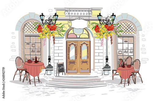 Series of backgrounds decorated with flowers, old town views and street cafes.    Hand drawn vector architectural background with historic buildings. 