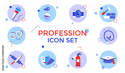 Professions and occupations icon set. Signs representing free and equal career choice in police, fire-fighting service, medicine, cooking, acting, singing, building, science, photography and chemistry