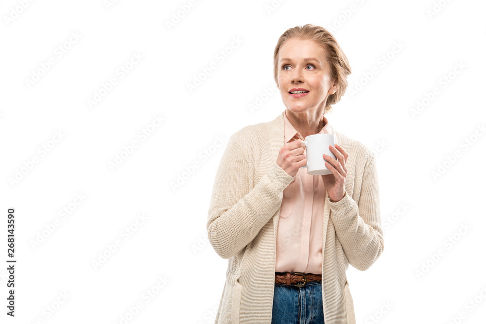 middle aged woman holding coffee cup Isolated On White with copy space middle aged woman holding coffee cup Isolated On White with copy space