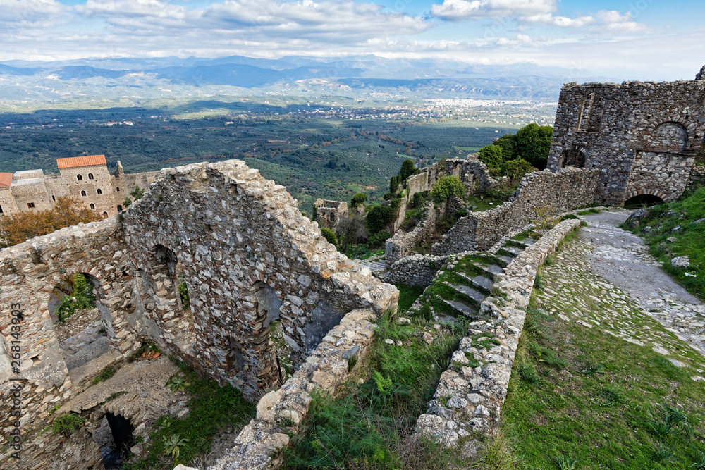 Part of the byzantine archaeological site of Mystras in Peloponnese, Greece. View of the remains of buildings in the upper city of the ancient Mystras
